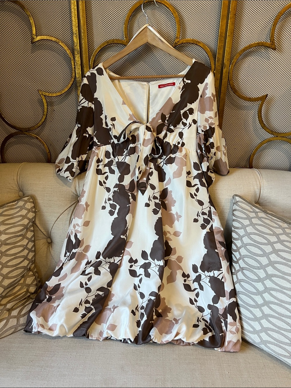 French Midi Tie-Front Floral Dress in Cream and Brown